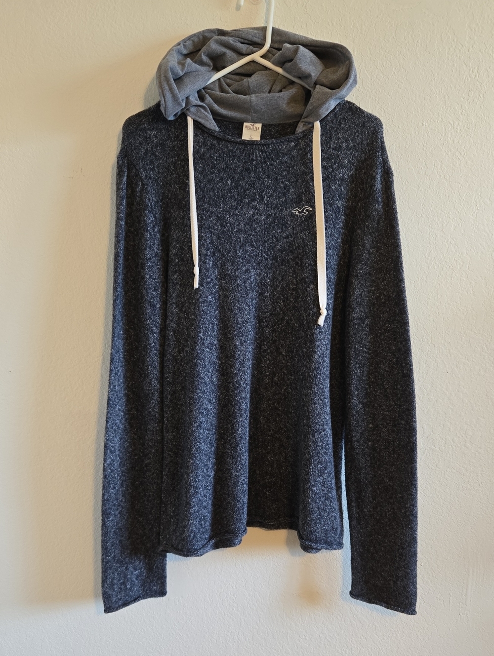 Hollister Heather Navy Pullover Hoodie with Light Gray Hood - Large